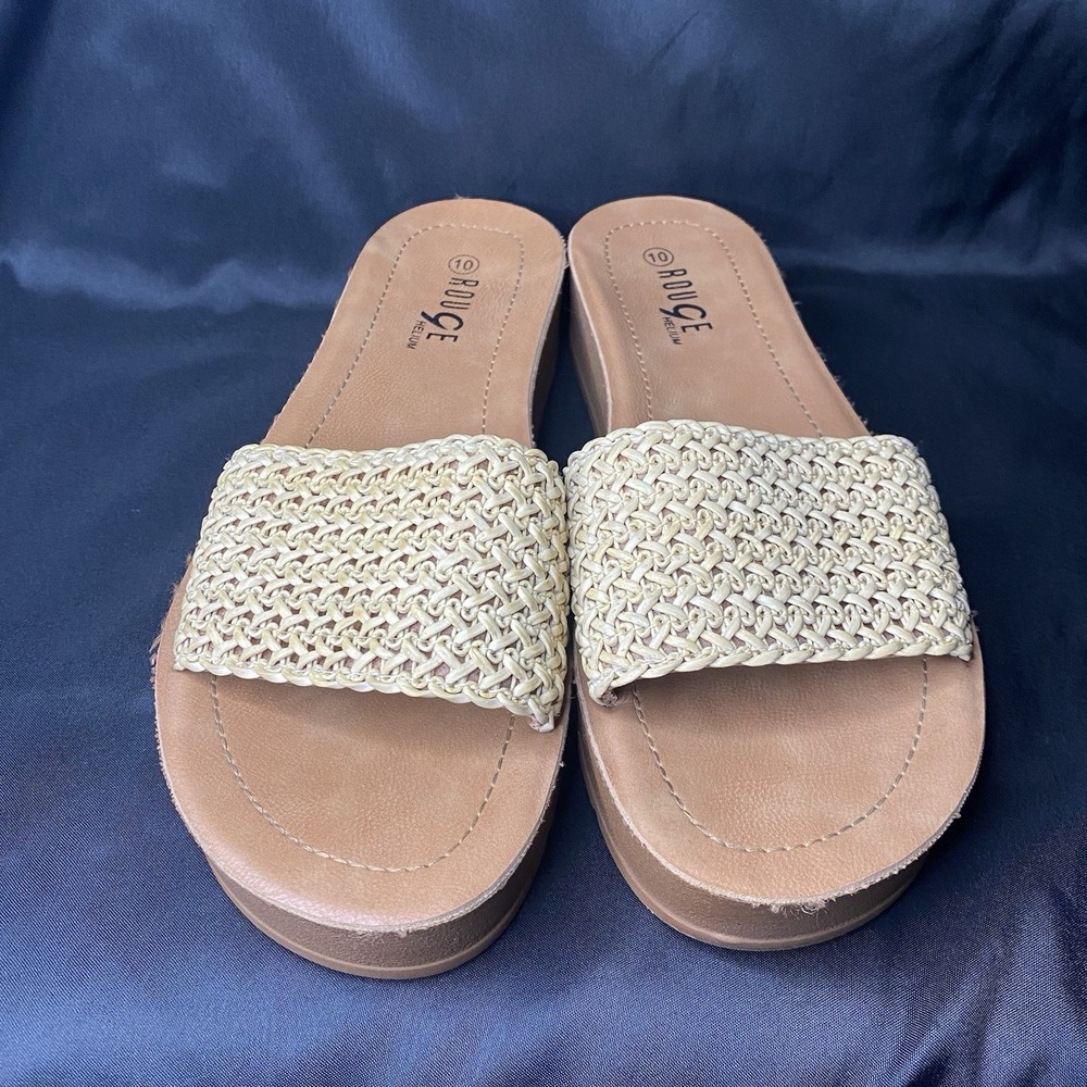 Rouge Helium Woven Raffia Slide Sandals Size 10 Tan Braided Open Toe - Picture 2 of 10